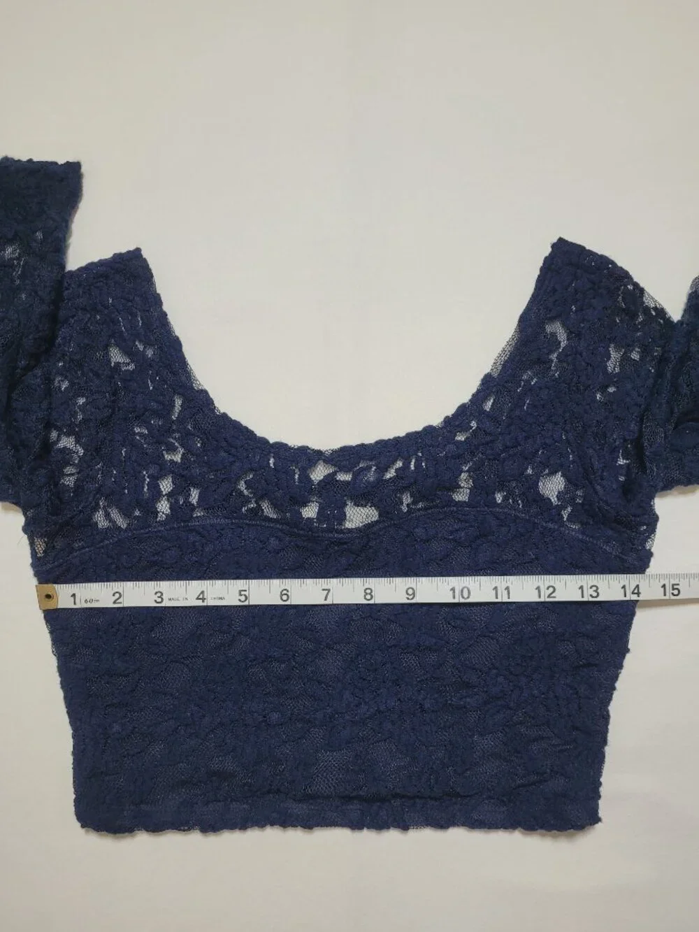 Abercrombie & Fitch Lace Crop Top 3/4 Sleeve Sheer Floral Mesh Blouse Navy Blue